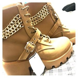 Brand New! Faux Leather Tan Boots w/ Gold Chains